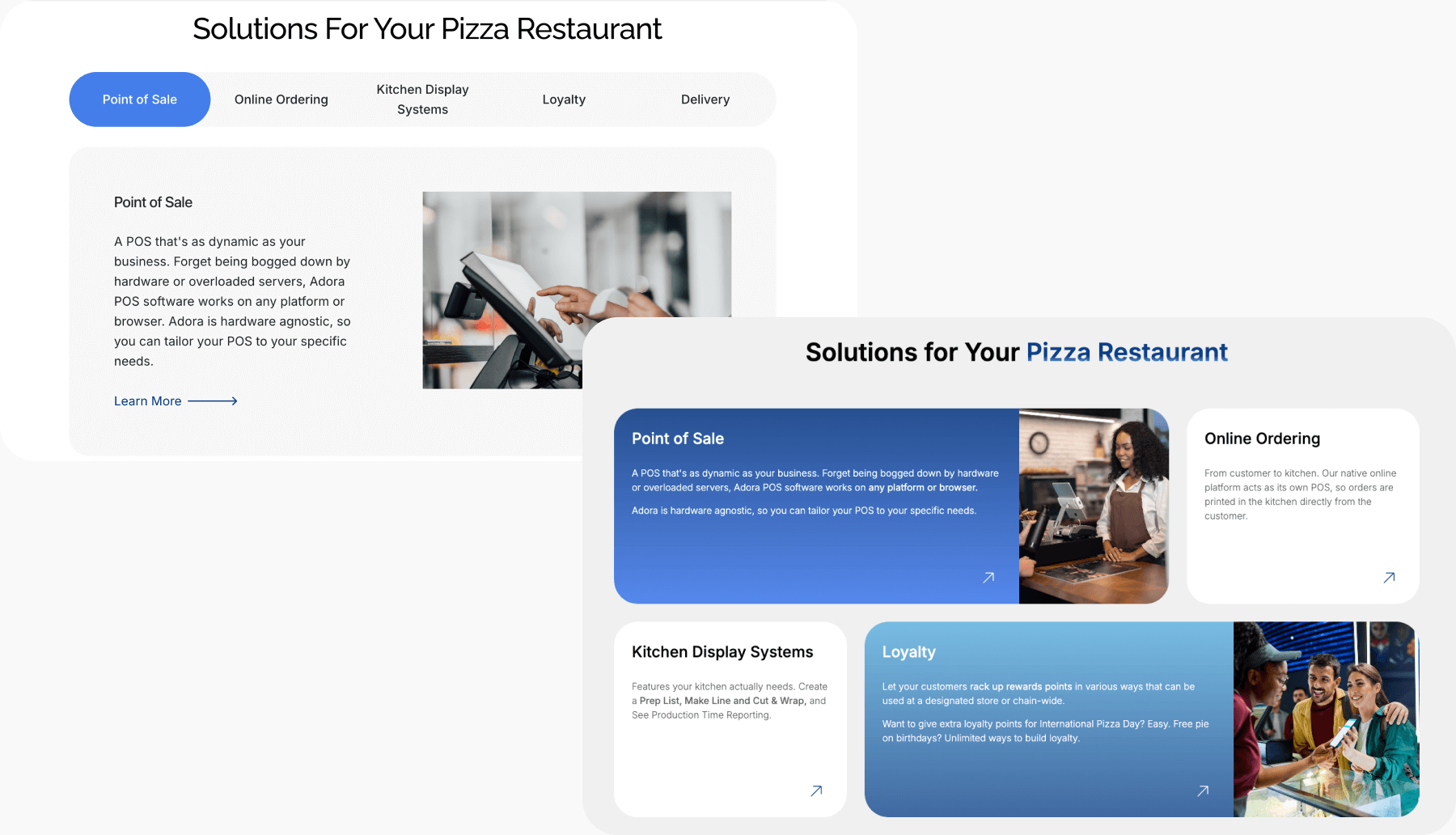 Before and after redesign of Adora POS solutions page