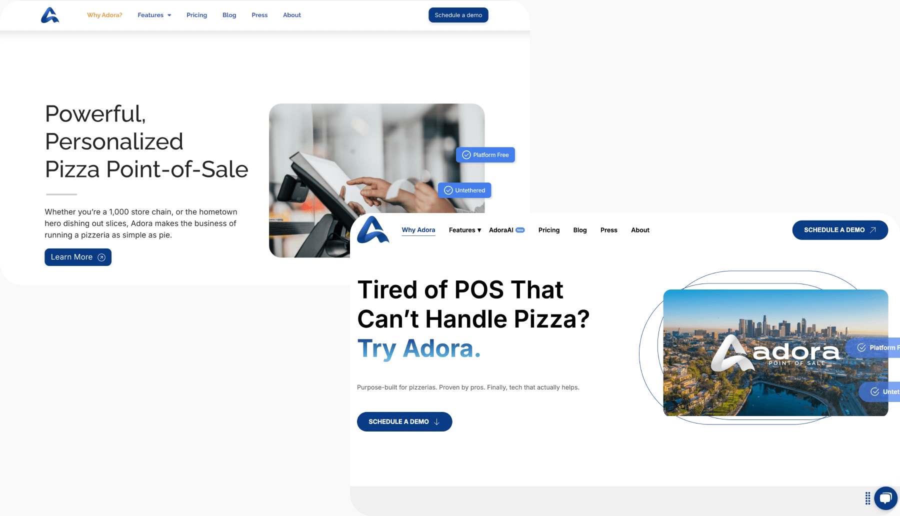 Before and after redesign of Adora POS homepage