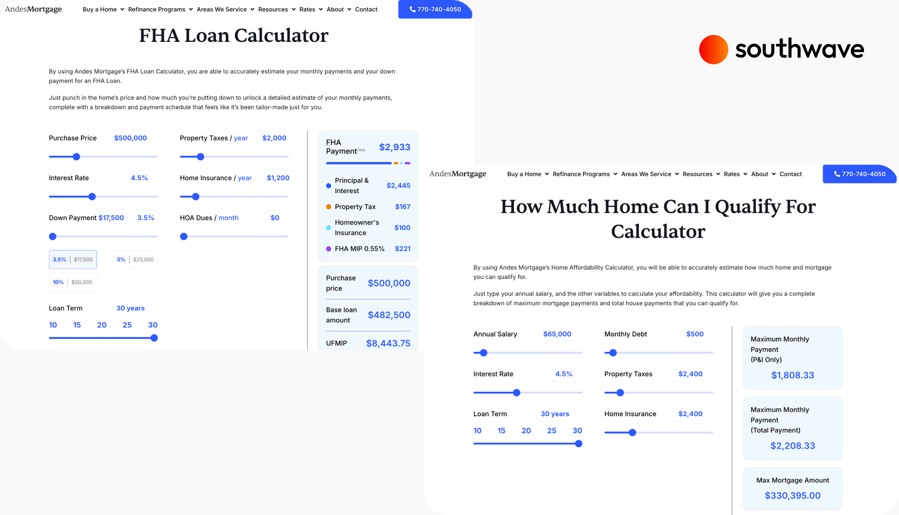 Custom mortgage calculators developed by Southwave for Andes Mortgage.