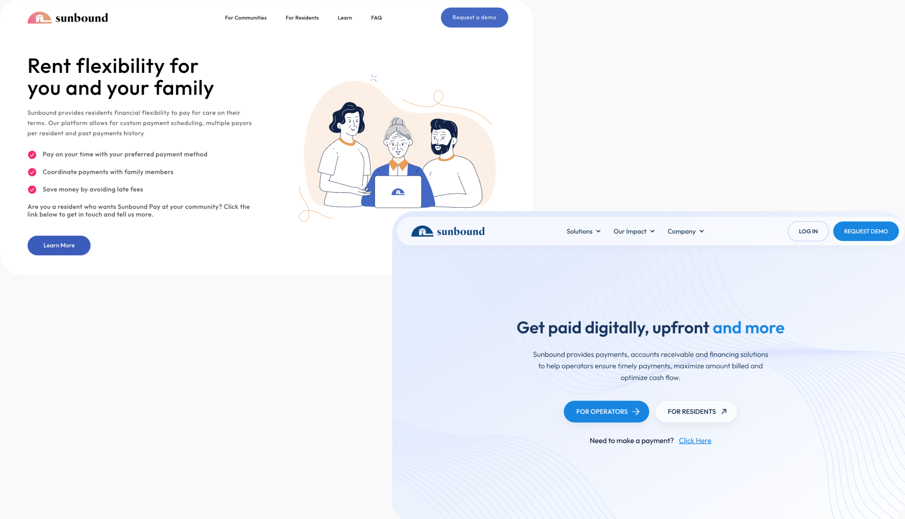 Comparison of Sunbound’s homepage before and after redesign.