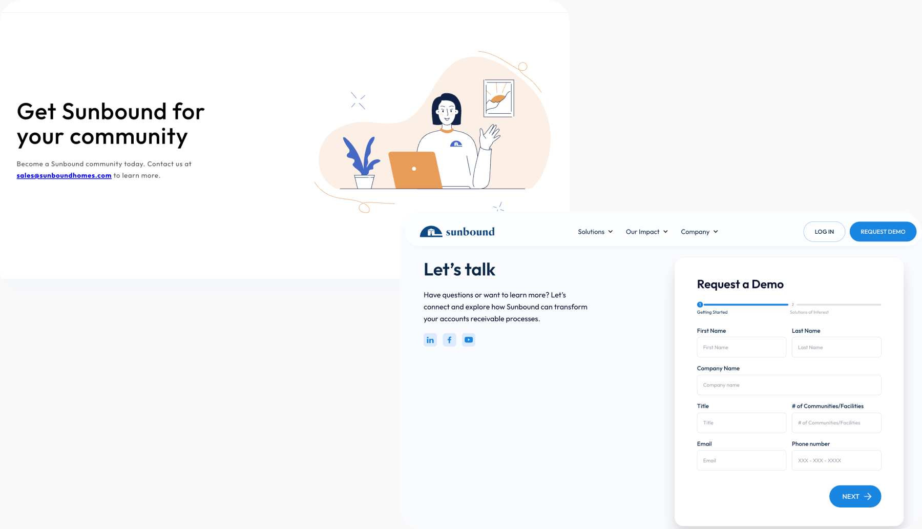 Before and after of Sunbound’s contact page, featuring a cleaner layout and streamlined demo request form.